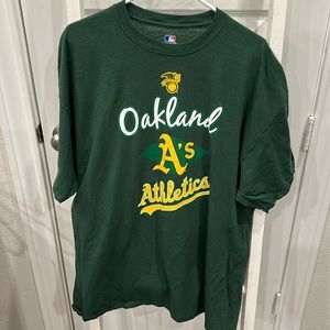 Oakland Athletics Green w/Yellow Lettering T-Shirt/Team Logo On Front Size 2 XL.